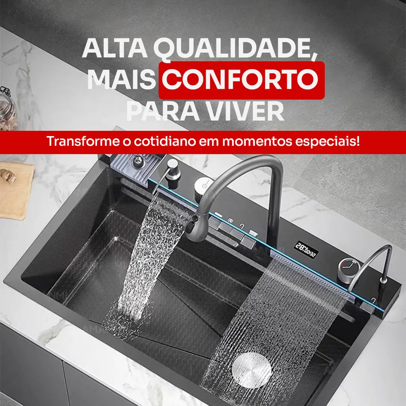Pia Aço Inox Multifuncional Digital Cascata + BRINDE: Escorredor de Aço Inox Premium