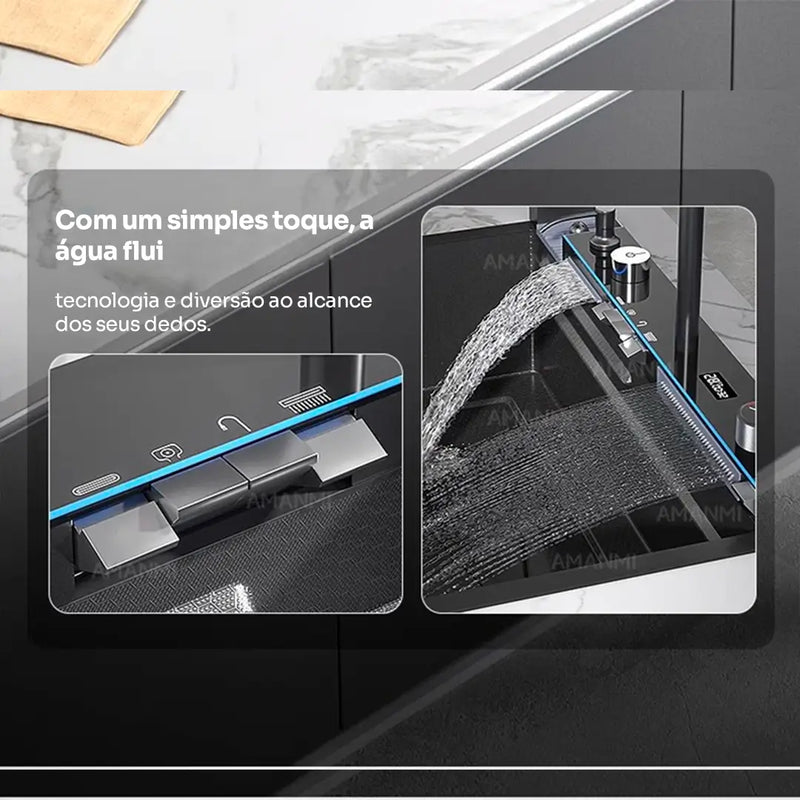 Pia Aço Inox Multifuncional Digital Cascata + BRINDE: Escorredor de Aço Inox Premium